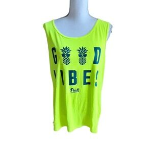 PINK Good Vibes bright green ladies tank top size L
